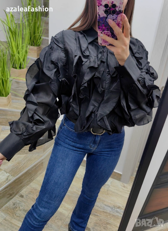 Черна дамска риза с къдри, снимка 1