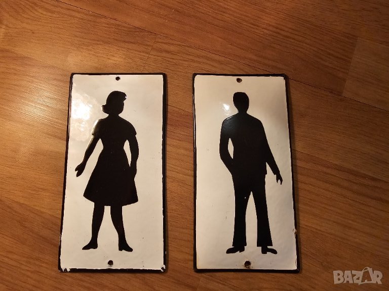 Комлект редки емайлирани табели за тоалетна ЖЕНИ МЪЖЕ , табели за съблекалня WC клозет, снимка 1