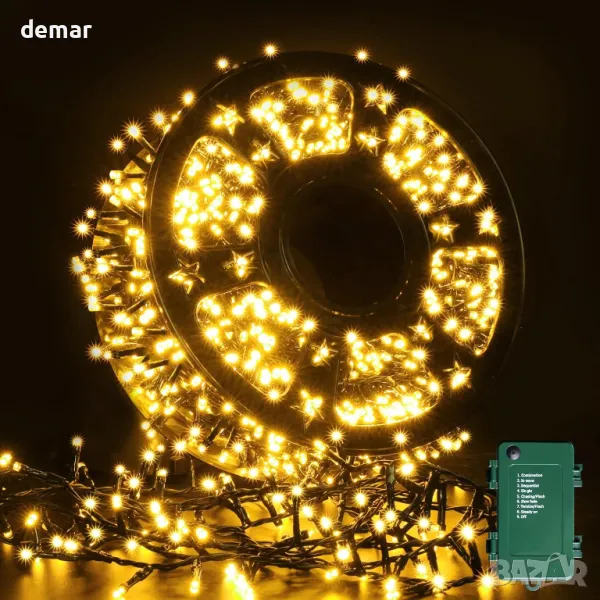 ELKTRY 1000LED 50M Коледни светлини за открито, топло бяло, работи на батерия с таймер, 8 режима, снимка 1