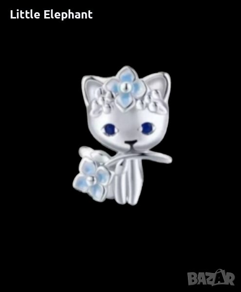 Outlet Sale Сребърен елемент "Kitty cat" с цвете,blue/нов, снимка 1