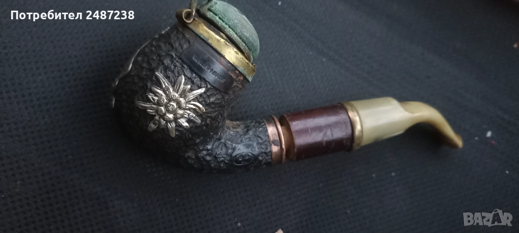 Стара лула с еделвайси,среб, снимка 1