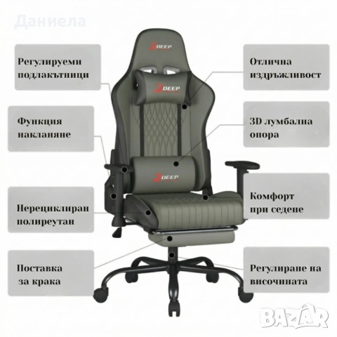 Ергономичен сив геймърски стол с поставка за крака, регулируема височина и 3D подлакътници, снимка 4 - Геймърски - 54041501