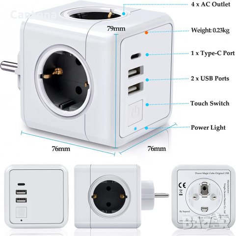 Power Magic Cube USB, 4 гнезда, 2хUSB, 1xType C, 16A, бутон за включване , снимка 2 - Друга електроника - 34147138