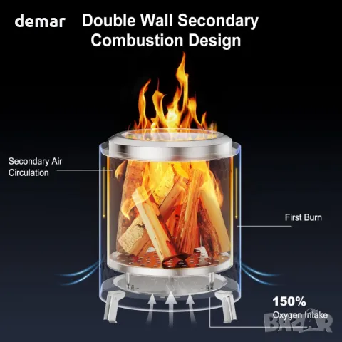 FANHAO 18 см настолно огнище със стойка, бездимно огнище от неръждаема стомана с подвижна пепелница, снимка 3 - Други стоки за дома - 47525845