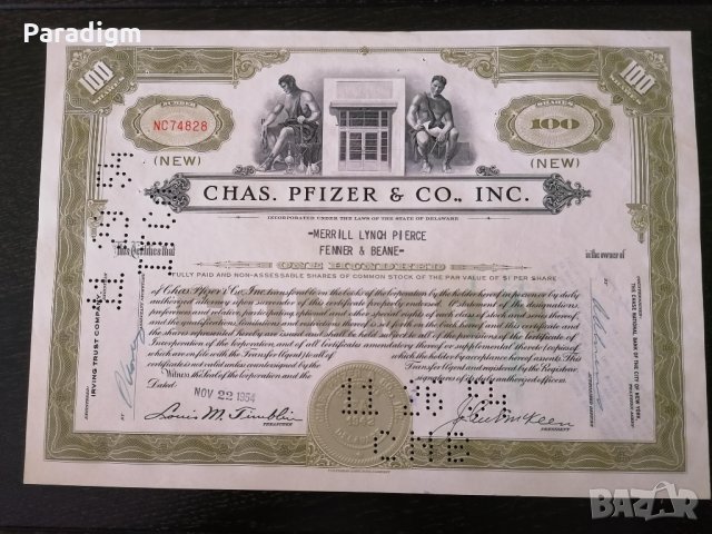 Сертификат за притежание на 100 акции (САЩ) | Chas. Pfizer & Co. Inc. | 1954г.
