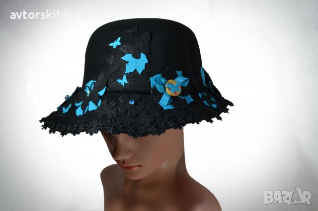 ⚜️ Черна дамска шапка филц с цветя и пеперуди №3090, снимка 2 - Шапки - 38130063