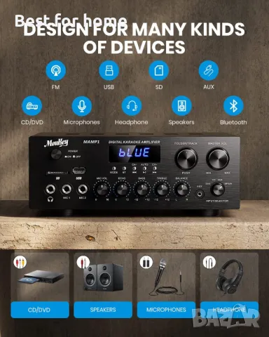 Стерео система ,усилвател с USB и вход за микрофон за караоке Moukey, снимка 2 - Аудиосистеми - 50362816