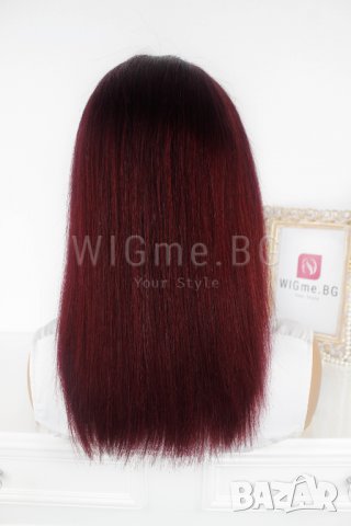 Дълга перука от ЕСТЕСТВЕН косъм цвят бордо Стефани, снимка 4 - Аксесоари за коса - 37797642