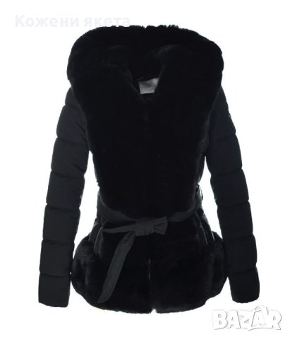Дамско зимно шушлеково яке с качулка и черни пухове и колан