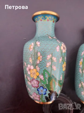 Винтидж китайска красива зелена рядка клоазонова ваза, чифт красиви цвята, снимка 1
