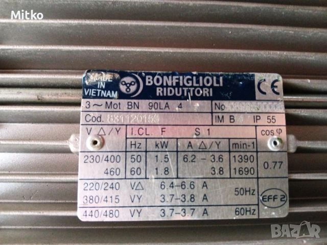 Eлектромотор Bonfiglioli BN90LA4  230/460 1.5/1.8KW , снимка 3 - Електродвигатели - 53902758