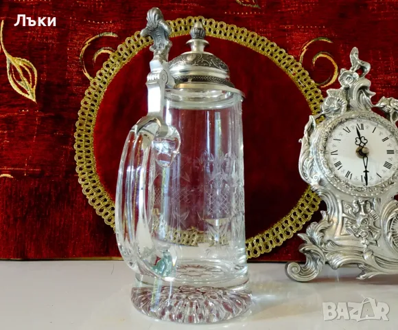 Кристална халба с капак от калай. , снимка 6 - Антикварни и старинни предмети - 56548799