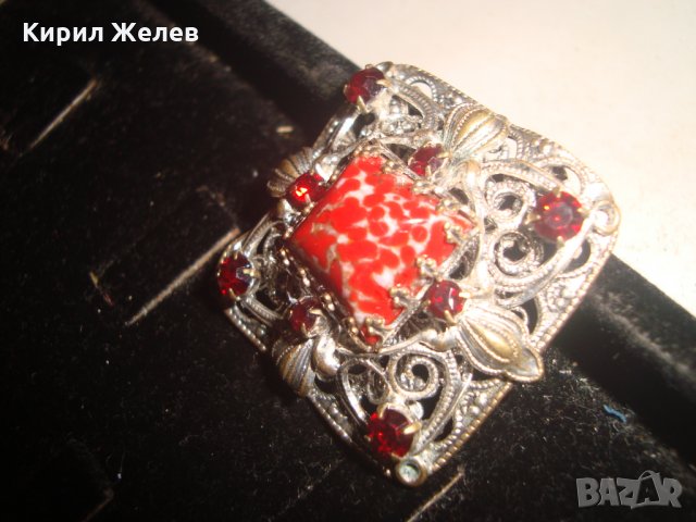 СКЪПОЦЕННА ПОСРЕБРЕНА ФИЛИГРАННА БРОШКА с КОРАЛОВ ЯСПИС и ФАСЕТИРАНИ ГРАНАТИ АРТ-ДЕКО 17641, снимка 11 - Други - 31308714