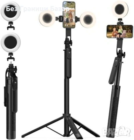 Нов Селфи Стик Трипод с 2 LED Лампи Bluetooth Пулт 360° Ротация за снимки фото