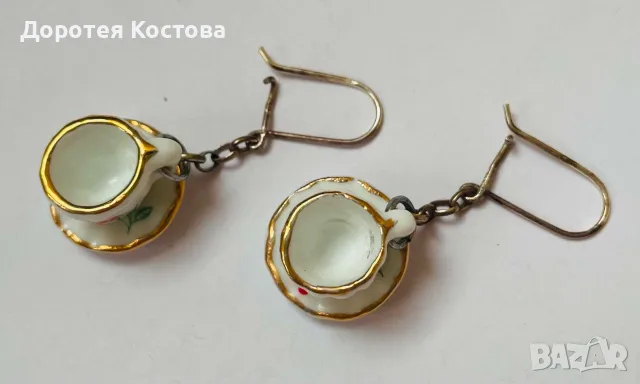 Красиви сребърни обеци с порцеланови чашки, снимка 2 - Обеци - 55759250