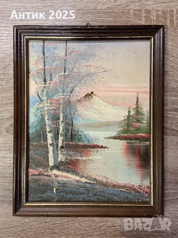 Винтидж картина с маслени бои „Пейзаж с брези и планини“, средата на ХХ век