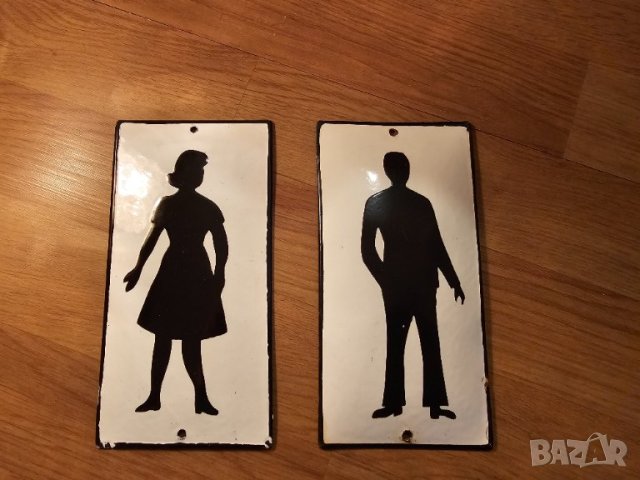 Комлект редки емайлирани табели за тоалетна ЖЕНИ МЪЖЕ , табели за съблекалня WC клозет
