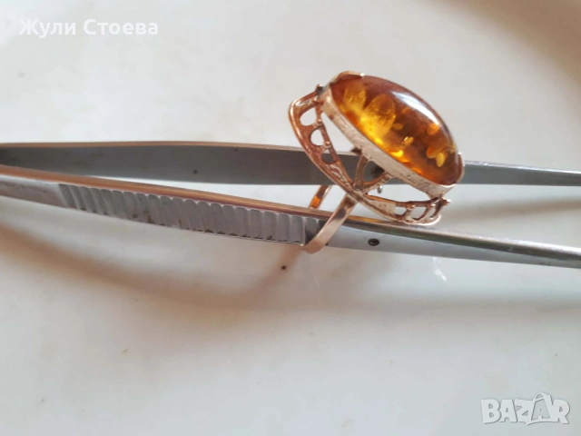 Руски златен пръстен с естествен кехлибар, снимка 3 - Пръстени - 53064739