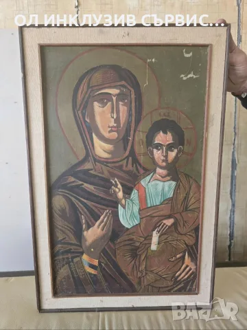 Стара ръчно рисувана икона „Света Богородица с Младенеца“ (Одигитрия) - с рамка
