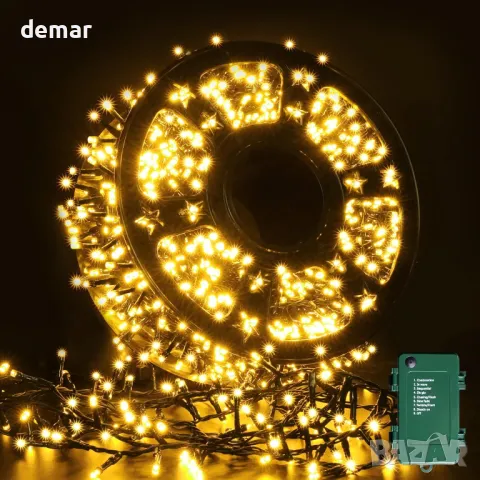 ELKTRY 1000LED 50M Коледни светлини за открито, топло бяло, работи на батерия с таймер, 8 режима