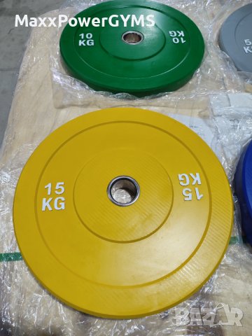 Чисто нови бъмпер тежести, дискове ф50 от 5 кг, 10 кг, 15 кг, 20 кг, снимка 3 - Фитнес уреди - 44371039