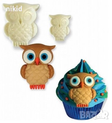 Бухал Сова 2 размера пластмасови форми форма резец печат с релеф за тесто сладки фондан