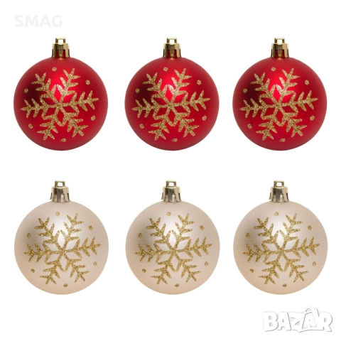 Комплект коледни топки за елха – червени и шампанени с брокатени снежинки, 6 cm – 6 броя_1198782