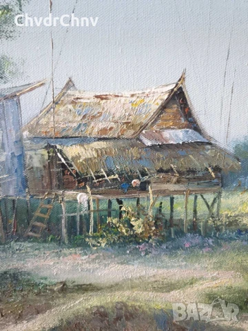 69х49см/голяма картина масло върху платно/джунгла/наколни къщи-дървета-река/дървена рамка, снимка 5 - Картини - 50896266