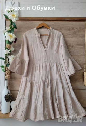 Бежова рокля памучна материя , снимка 2 - Рокли - 54153992