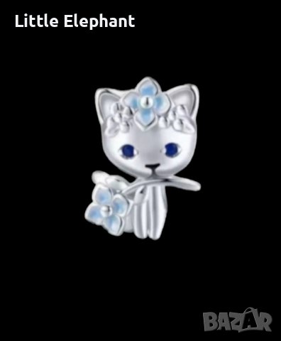 Outlet Sale Сребърен елемент "Kitty cat" с цвете,blue/нов, снимка 1 - Колиета, медальони, синджири - 44162315