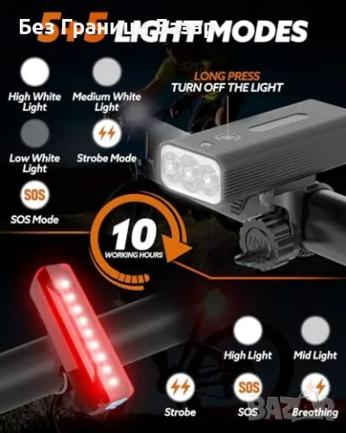 Нови Фар и задна светлина за велосипед, 3000 лумена, 5 режима, IPX5, акумулаторни, снимка 4 - Аксесоари за велосипеди - 47274536