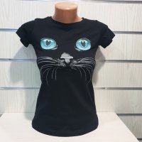 Страхотна нова дамска черна тениска с 3D трансферен печат Котка със сини очи, снимка 1 - Тениски - 29126658