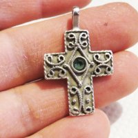 сребърен синджир с кръст, православен кръст с филигран и скъпоценен камък , снимка 1 - Колиета, медальони, синджири - 29969334