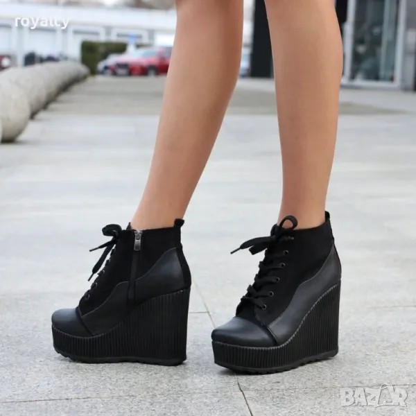 Боти на платформа - Кожа, Велур, снимка 1
