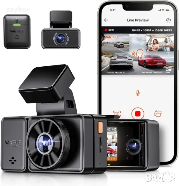 видеорегистратор VANTRUE E3 3 Lens Dashcam Car 1944P+1080P+1080P с гласово управление, снимка 1