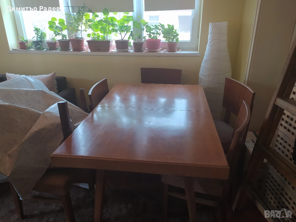 РЕТРО МАСИВНА ХОЛНА РАЗТЕГАТЕЛНА МАСА И СТОЛОВЕ МЕКА МЕБЕЛ 6 БР. ДЪРВЕС. ДЪБ, снимка 1