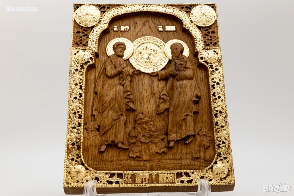 Релефна икона от дъб с позлата – Свети апостоли Петър и Павел, снимка 1