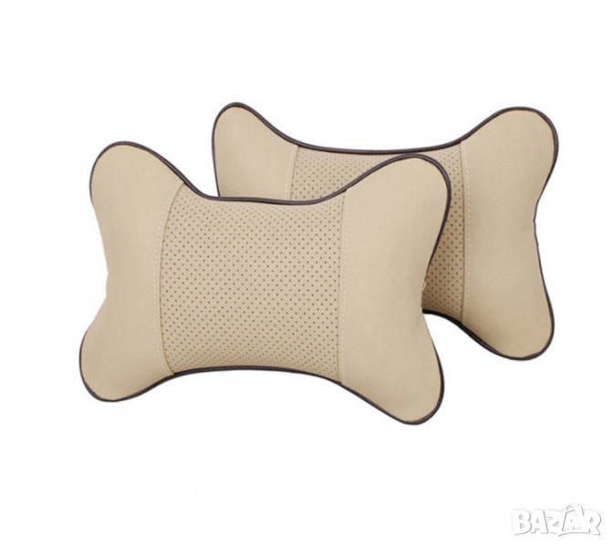 възглавнички за автомобил Бежови с кафяв кант Комплект Кожа 2 броя, снимка 1