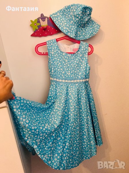 Детска лятна рокля с шапка синя морска, снимка 1