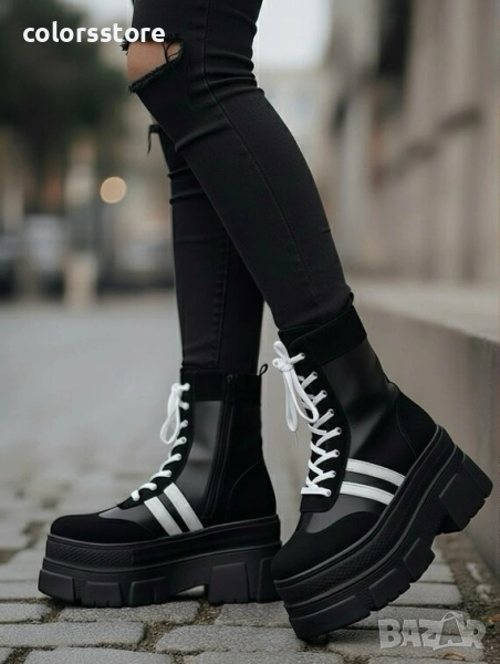 Боти на платформа - черно с бели ленти - BML30

, снимка 1