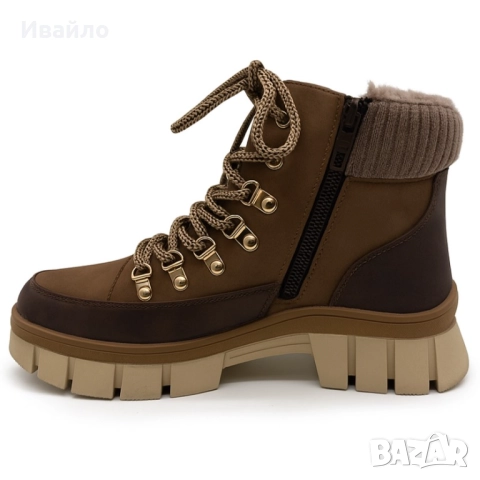 Дамски кафяви боти от еко кожа с дебела подметка и плетена яка, снимка 3 - Дамски боти - 52368156