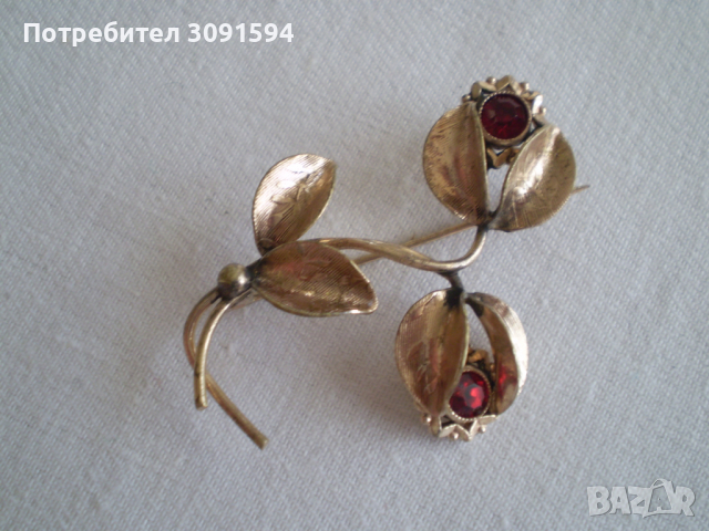  стара брошка цвете  от дубле със  червен кристал, снимка 2 - Други ценни предмети - 36573691
