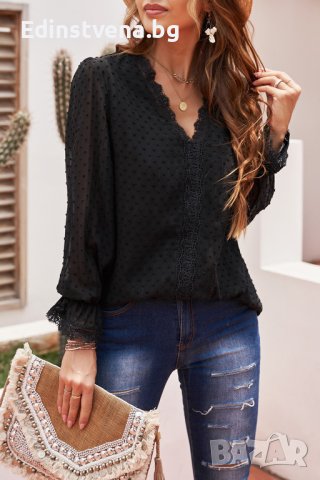 Дамска блуза в черно с дълъг ръкав и принт на точки, снимка 5 - Блузи с дълъг ръкав и пуловери - 42766770
