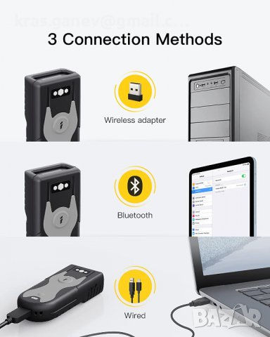 BCST-43 баркод скенер Bluetooth 1D с 2,4 GHz USB адаптер, чете баркодове от екрани, изключителни бър, снимка 3 - Принтери, копири, скенери - 39815518
