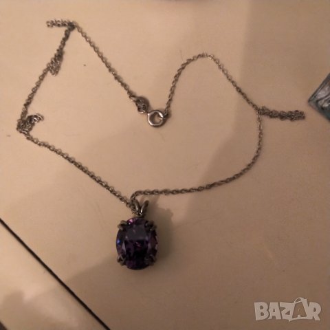 Сребърен синджир с висулка аметист , снимка 3 - Колиета, медальони, синджири - 36952547