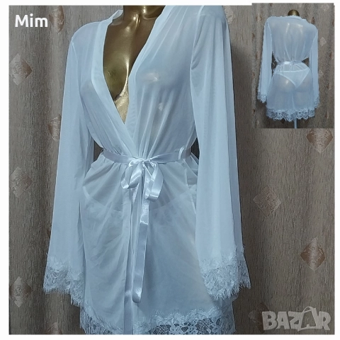 L Бял,халат от прозрачен еластичен тюл с дантела 