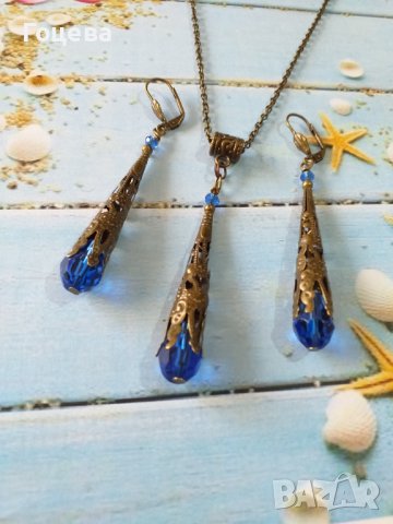 Разкошен комплект бижута в кралско синьо и филигранни орнаменти в цвят бронз , снимка 3 - Бижутерийни комплекти - 37604964