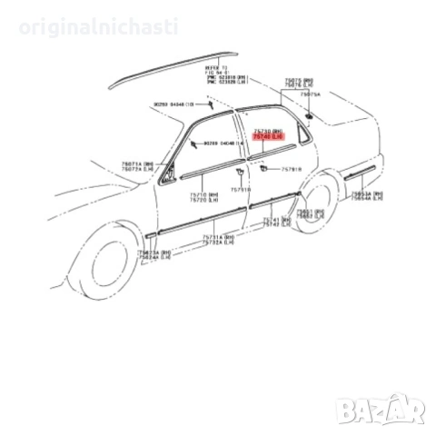Водобранна лайсна 7574012390 75740-12390 за задна лява врата за ТОЙОТА КОРОЛА TOYOTA COROLLA OEM