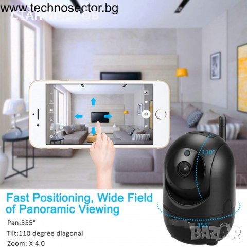 Безжична въртяща се смарт камера, с Wifi, 2MP 1080P, Аларма, Запис на SD карта, Нощно виждане, снимка 3 - Камери - 36871941