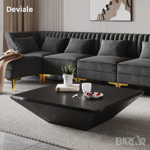 Модерна Минималистична дървена трапецовидна холна масичка за кафе с място за съхранение, дъбов фурни, снимка 2 - Маси - 48397525